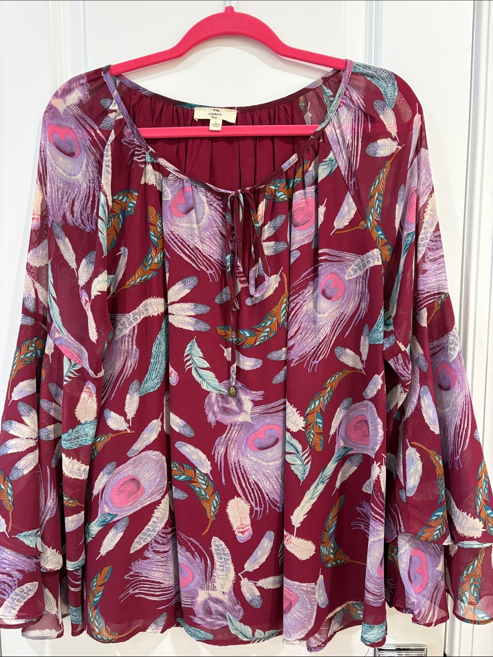 entro Burgundy Peasant Tunic with Multicolor Feather Print